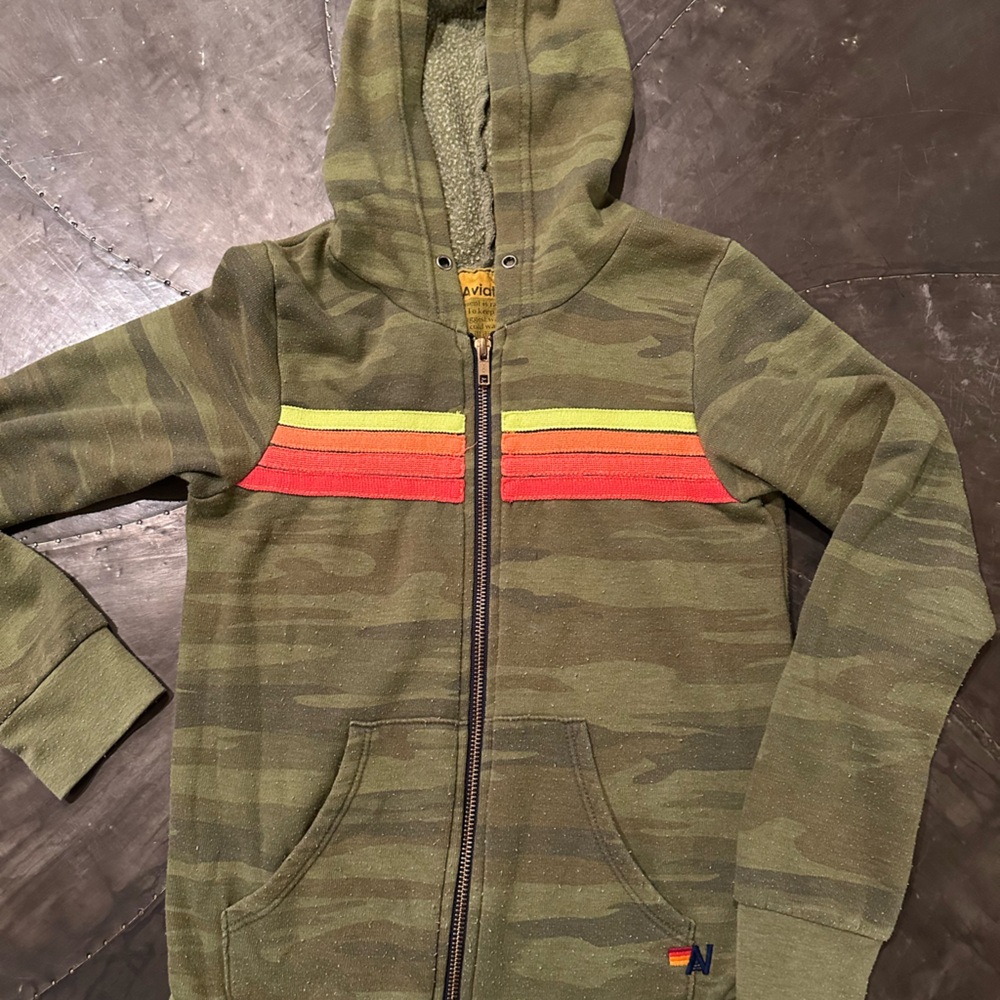 Aviator Nation Kids Green Camouflage Hoodie with classic stripes size 10